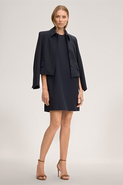 Ärmelloses marineblaues Etuikleid mit Rundhalsausschnitt und Seitentaschen