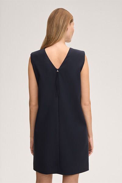 Ärmelloses marineblaues Etuikleid mit Rundhalsausschnitt und Seitentaschen