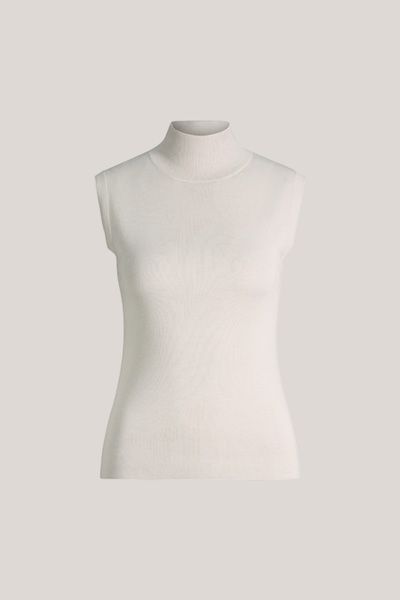 Geripptes ärmelloses Rollkragentop aus Merinowolle und Seide in Grau
