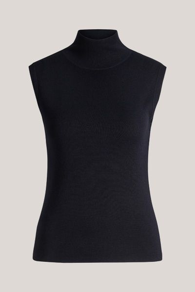 Marc Cain Marineblaues ärmelloses Rollkragentop Feinstrick Wolle-Seide