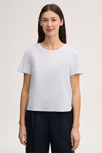 Weiße Kurzarmbluse aus Baumwollmischgewebe mit Rundhalsausschnitt