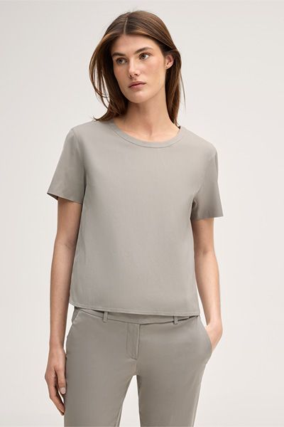 Kurzarmbluse aus Baumwollmischung in Greige