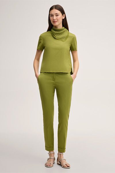 Baumwollstretch Kurzarm Bluse in Grün Popeline