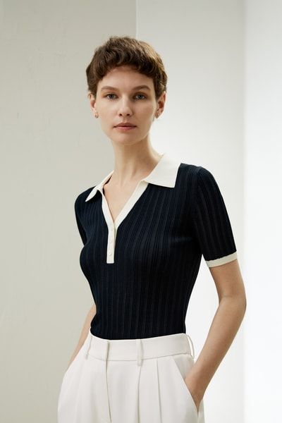 V-Ausschnitt Geripptes Seidenstrick Top