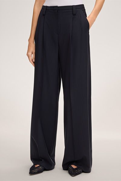 Navy Woll-Palazzo-Hose Weites Bein Bundfaltenhose