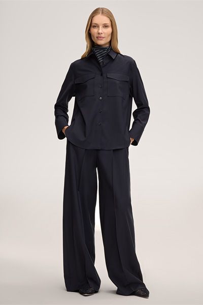 Navy Woll-Palazzo-Hose Weites Bein Bundfaltenhose