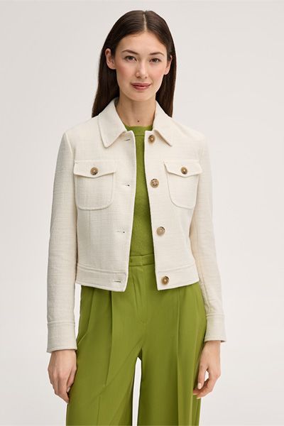 Ecru Baumwollmix Kurz Blazer Jacke mit aufgesetzten Taschen