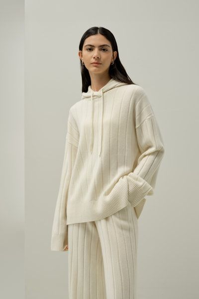 Geripptes Kapuzenstrickoberteil – Übergroßer Luxus-Kaschmir-Hoodie | Lilysilk