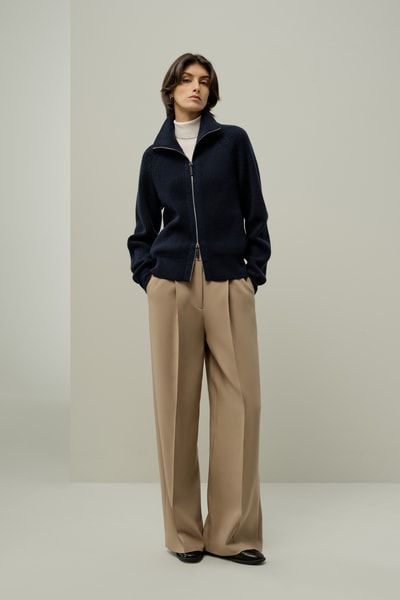 Rollkragen-Strickjacke mit Reißverschluss und Rippenmuster – Luxuriöse Merino-Kaschmir-Strickmode | Lilysilk