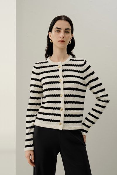 Gestreifter Häkel Waschbarer Merino-Wolle Cardigan | Premium Strick