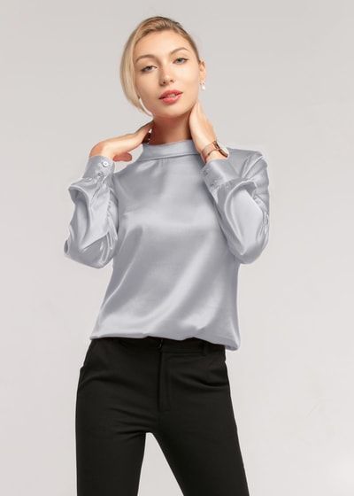Damen Seiden Bluse | Bequemer Stehkragen Lange Ärmel