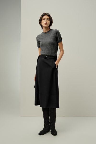 Seiden-Wollmischung Midirock mit Gürtel