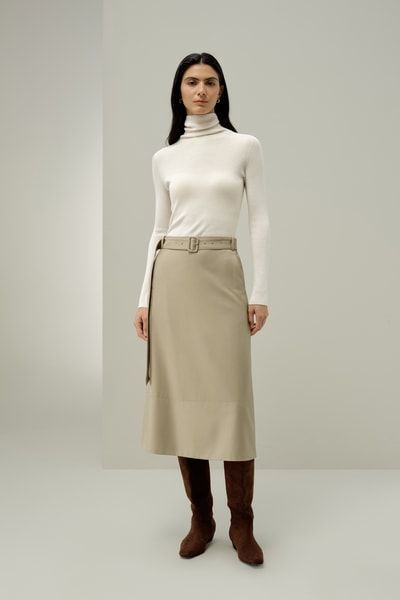 Seiden-Wollmischung Midirock mit Gürtel