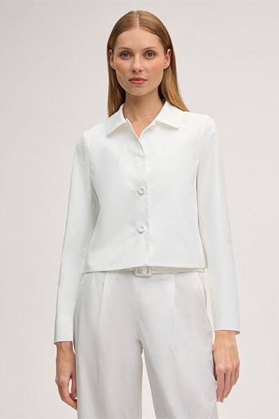 Ecru Baumwollstretch-Blazerjacke mit klassischem Kragen