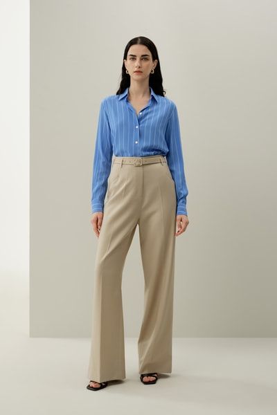 Luxuriöse Hochtaillierte Weite-Bein Hose aus Seiden-Wolle-Mischung