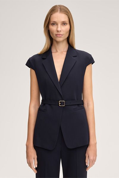 Brutto Schurwollstretch-Weste Marineblau mit Gürtel und kurzen Ärmeln