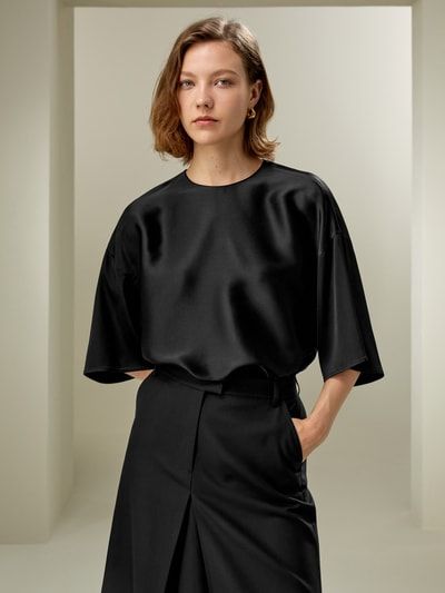 Lässige Rundhals Seide Bluse