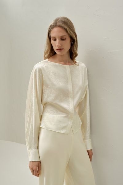 Stretch Jacquard Charmeuse Bootshals Blumen Bluse für Damen