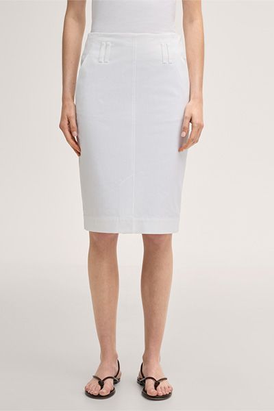 Bleistiftrock aus weißem Baumwollstretch-Gabardine mit Frontschlitz