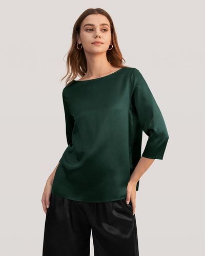 Seidenbluse mit 3/4 Ärmeln und Bootshalsausschnitt