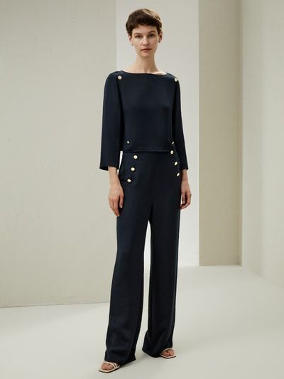 3/4-Ärmeln-Seidenoberteil Mit Knopfakzenten