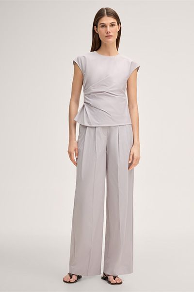 Palazzo-Hose aus Baumwollstretch mit Bundfalte in Beige