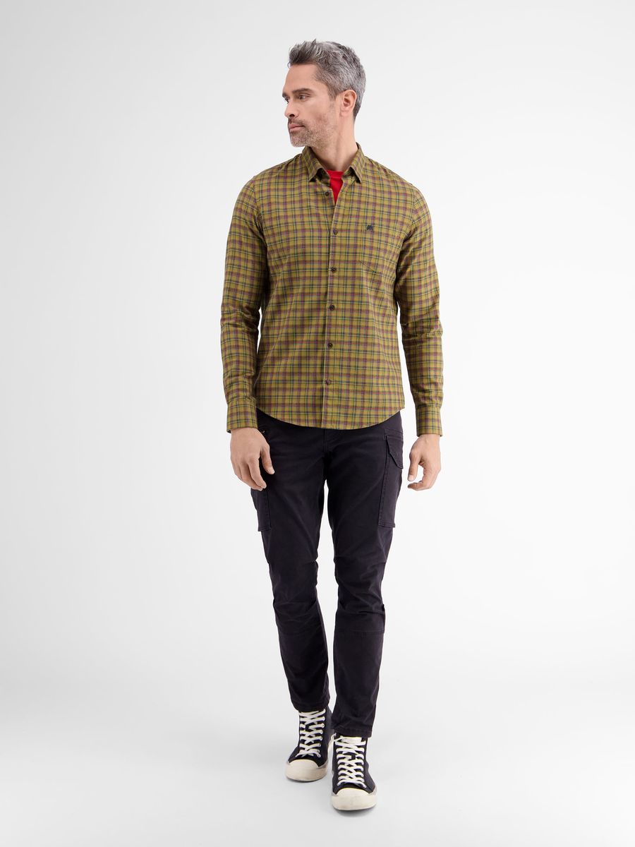 Blaues kariertes Langarm Baumwollhemd