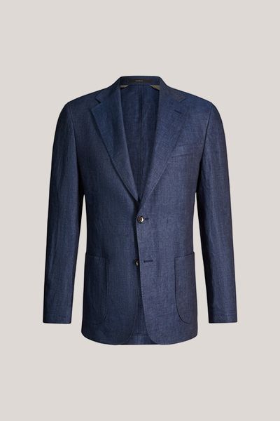 Windsor Giro Marineblaues Fischgräten-Leinen-Sakko Zwei-Knopf-Pattentaschen