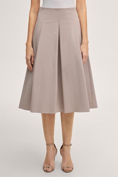 Baumwoll Gabardine A-Linien Midi Rock in Taupe mit Falten
