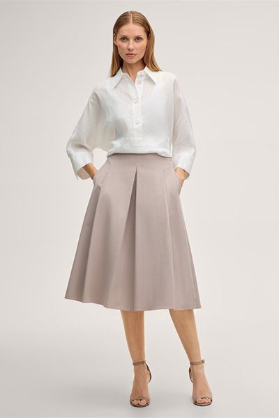 Baumwoll Gabardine A-Linien Midi Rock in Taupe mit Falten