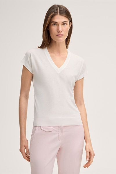 Marc Cain Ecru Lyocell-Baumwoll T-Shirt mit V-Ausschnitt Kurze Ärmel