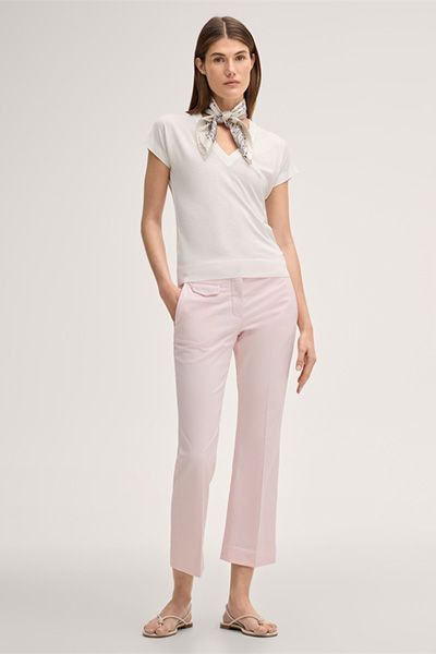 Marc Cain Ecru Lyocell-Baumwoll T-Shirt mit V-Ausschnitt Kurze Ärmel