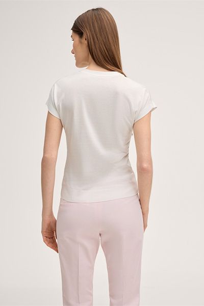 Marc Cain Ecru Lyocell-Baumwoll T-Shirt mit V-Ausschnitt Kurze Ärmel