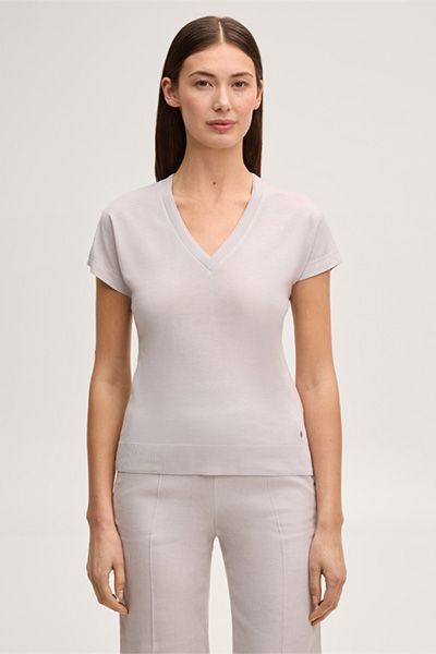 Unifarbenes Lyocell Baumwoll V-Ausschnitt Damen T-Shirt in Beige