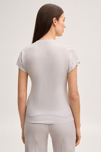 Unifarbenes Lyocell Baumwoll V-Ausschnitt Damen T-Shirt in Beige