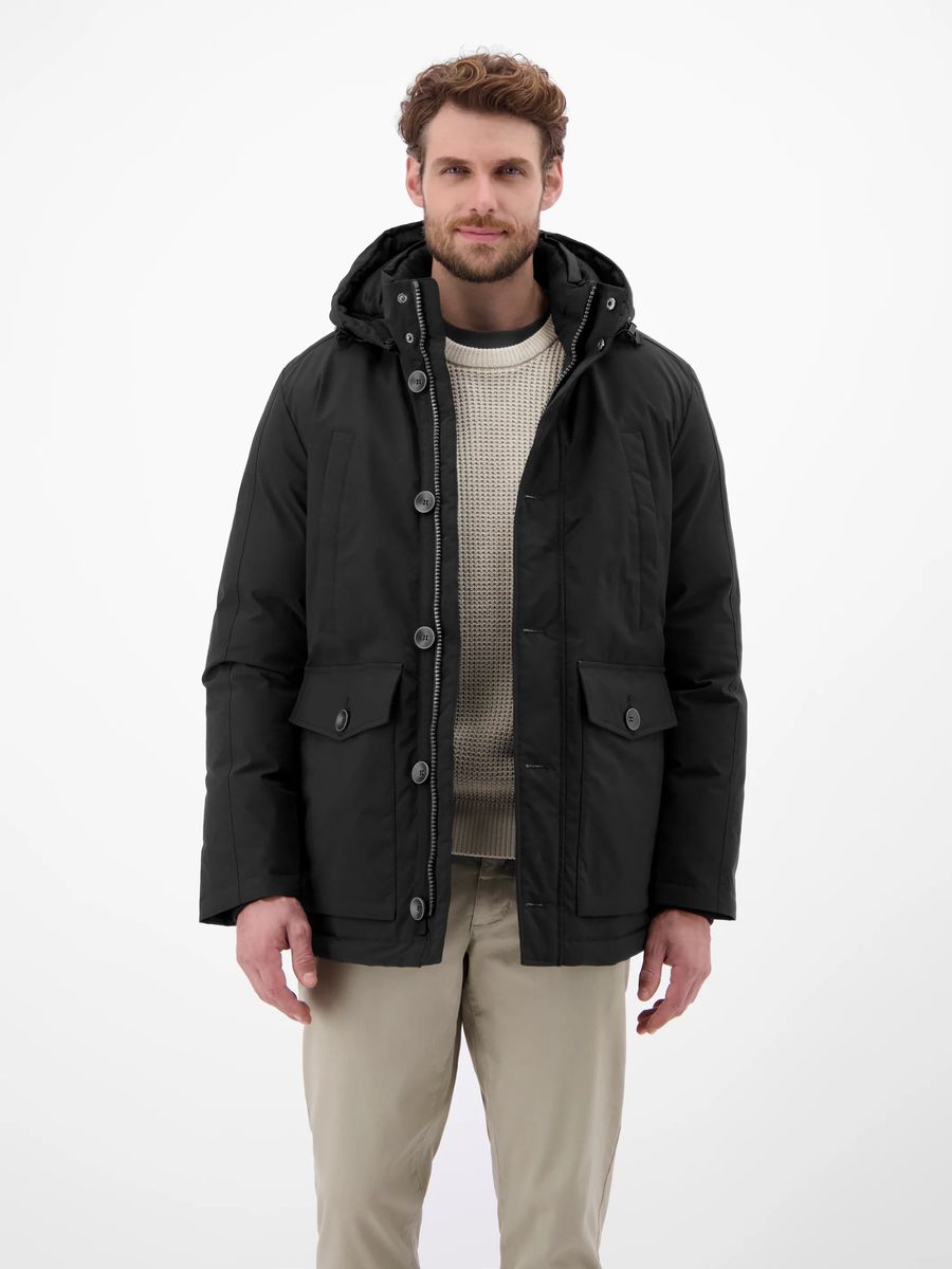 Klassischer, schwarzer Parka mit Kapuze und Knöpfen
