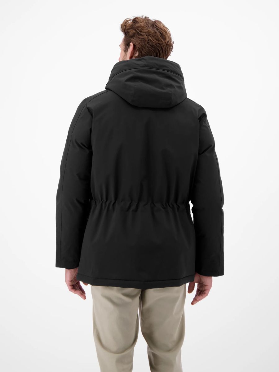 Klassischer, schwarzer Parka mit Kapuze und Knöpfen