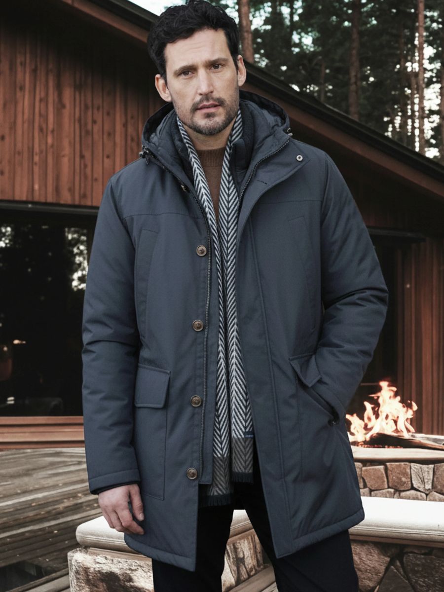 Klassischer, schwarzer Parka mit Kapuze und Knöpfen