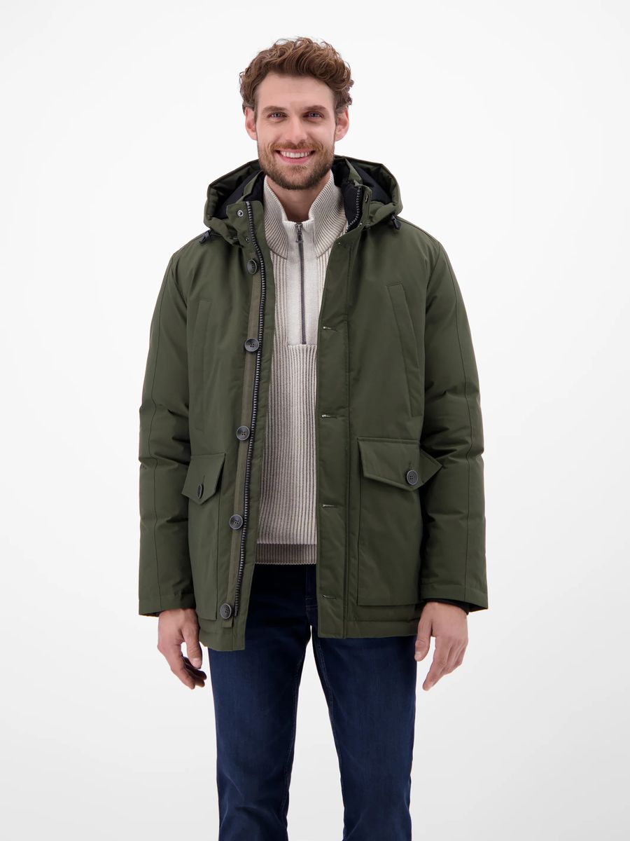 Klassischer, schwarzer Parka mit Kapuze und Knöpfen