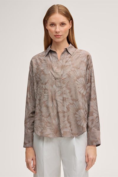 Bedruckte Viskose-Seidenmix Bluse in Taupe mit Blumenmuster