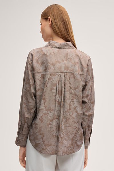 Bedruckte Viskose-Seidenmix Bluse in Taupe mit Blumenmuster