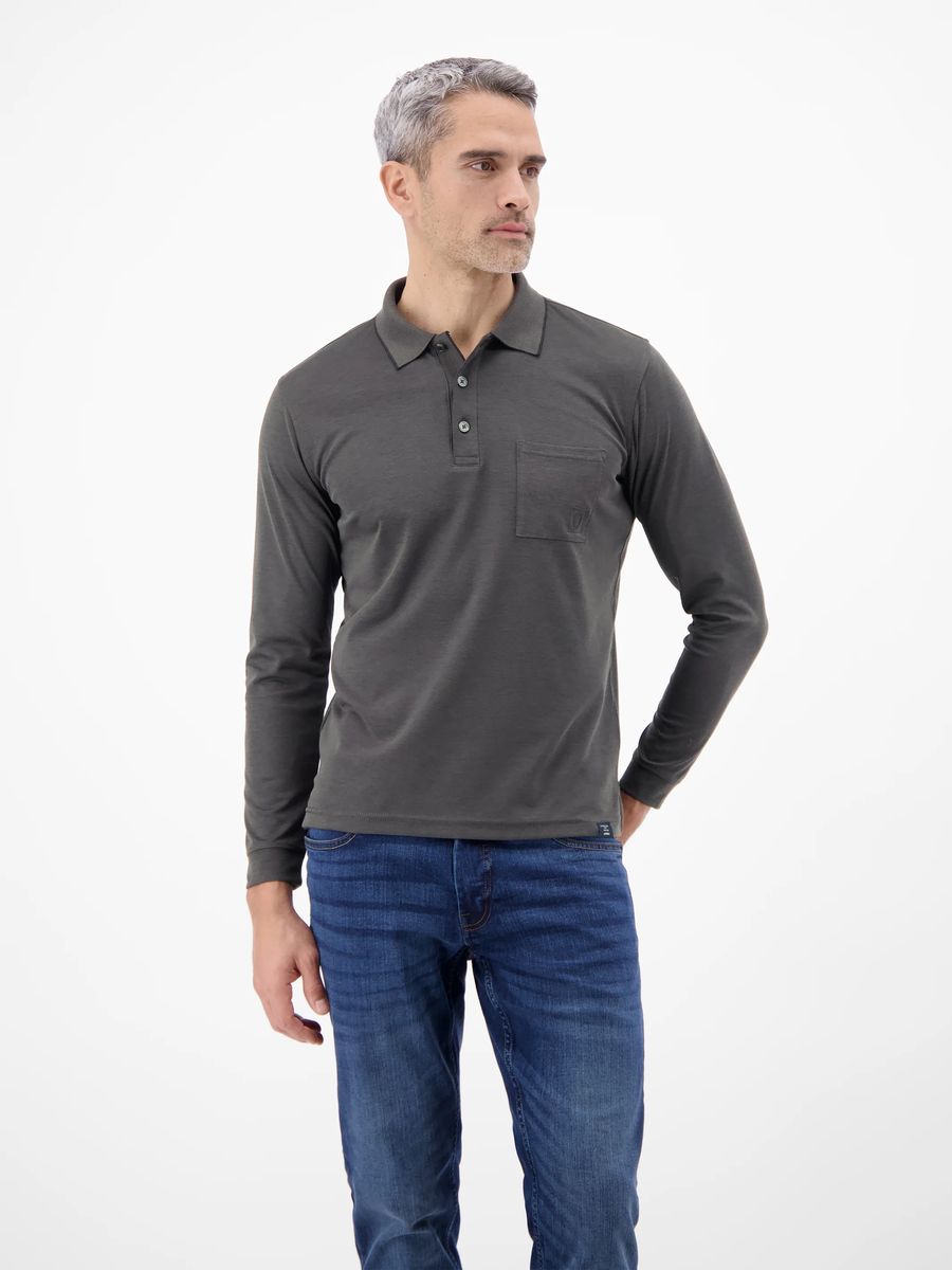 Langarm Polo mit Brusttasche aus Baumwollmix - Basalt Grey