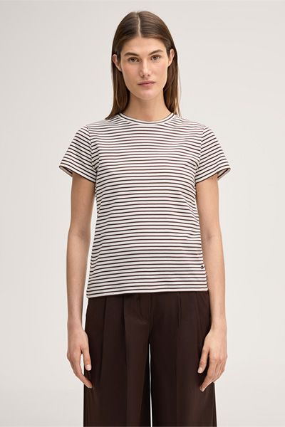 Marc O'Polo Baumwoll-Interlock T-Shirt Dunkelbraun-Ecru gestreift