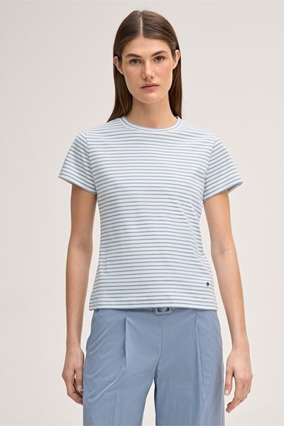 Marc Cain Baumwoll-Interlock T-Shirt Hellblau-Ecru gestreift