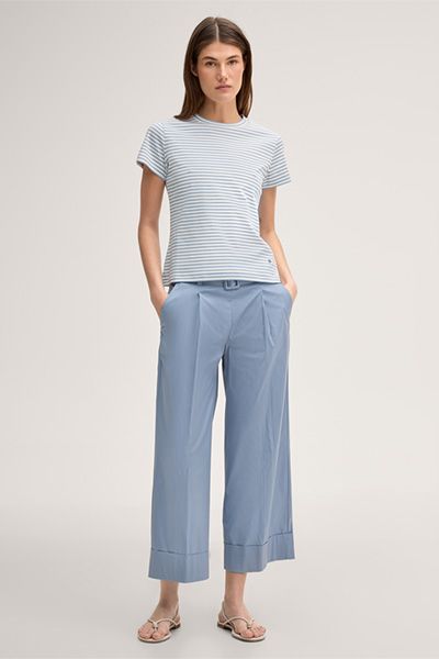 Marc Cain Baumwoll-Interlock T-Shirt Hellblau-Ecru gestreift