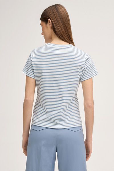 Marc Cain Baumwoll-Interlock T-Shirt Hellblau-Ecru gestreift