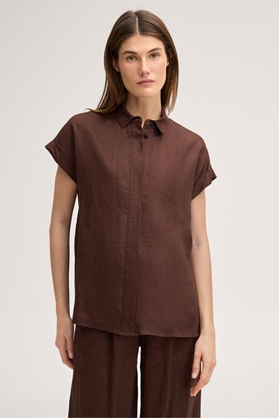 Kurzarm Leinen Hemdbluse mit Kragen in Dunkelbraun