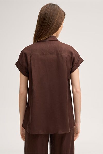 Kurzarm Leinen Hemdbluse mit Kragen in Dunkelbraun