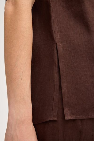 Kurzarm Leinen Hemdbluse mit Kragen in Dunkelbraun