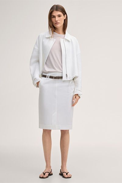 Marc Cain Lyocell-Baumwoll T-Shirt in Beige mit Rippstrick